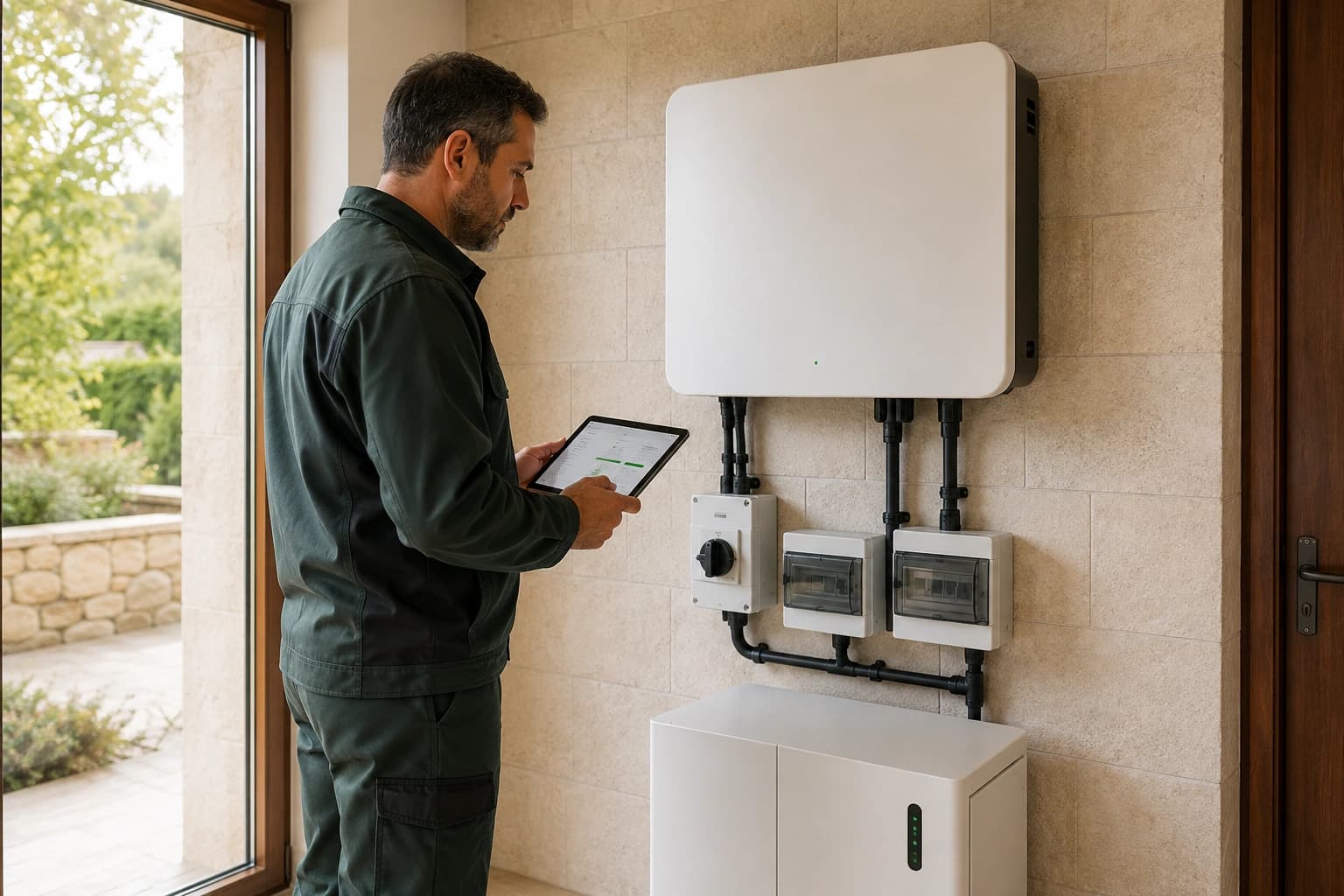 Duvara monte güneş enerjisi inverterini kontrol eden teknik uzman
