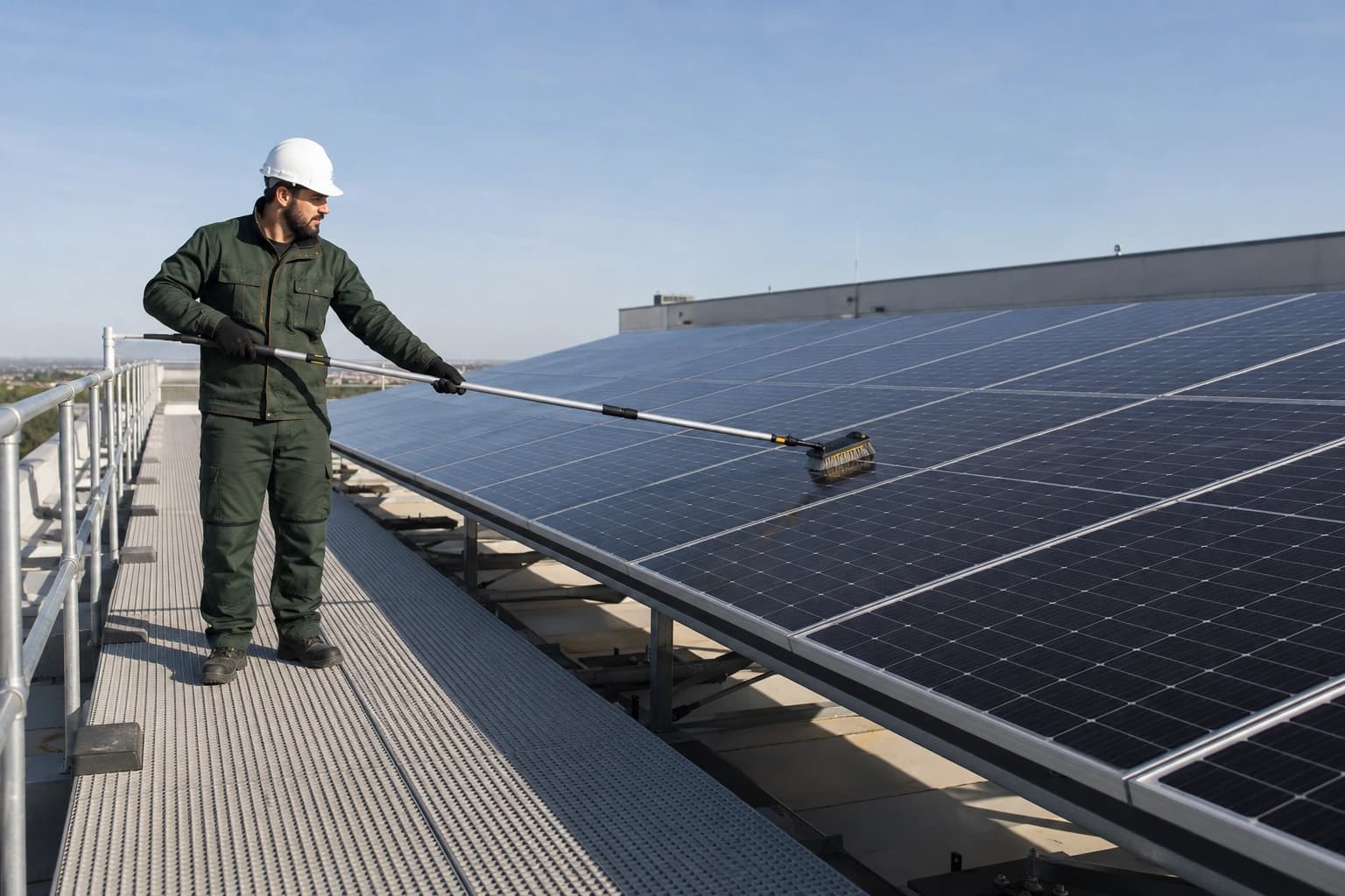 Çatıdaki güneş panellerini güvenli biçimde kontrol eden uzman
