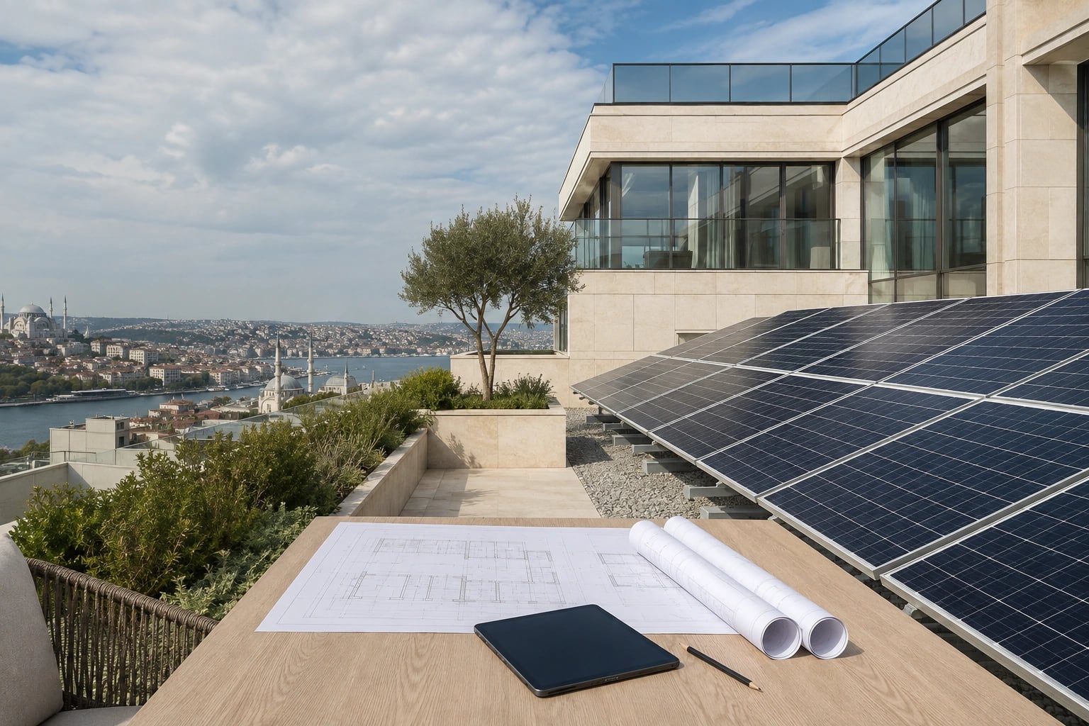 İstanbul'da güneş panelli kurumsal teras ve proje planları