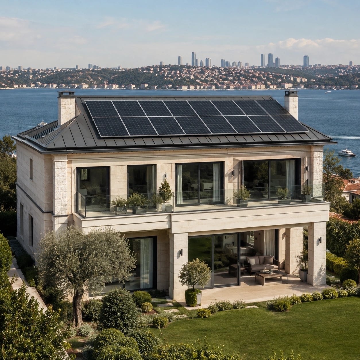 İstanbul manzarasında güneş panelli modern konut